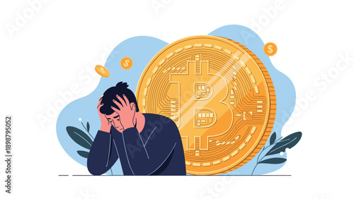 Stressed investor holds his head in despair in front of a giant Bitcoin coin to represent the volatility and risks of cryptocurrency.