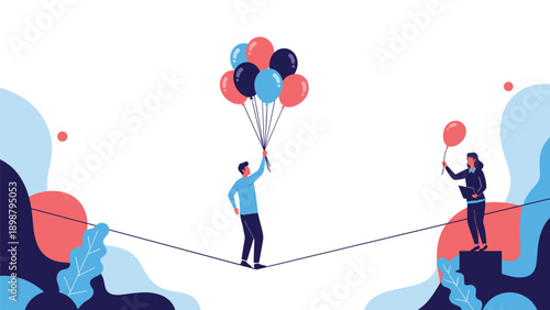 Brave man walks a tightrope while holding colorful balloons while a woman watches him from a platform to symbolize workplace risk taking.