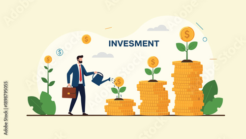 Investor uses a watering can to nurture plants growing out of stacks of gold coins to represent the growth of a diverse financial portfolio.