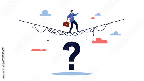 Businessman walks across a safety net above a giant question mark to represent finding answers while maintaining security in business.
