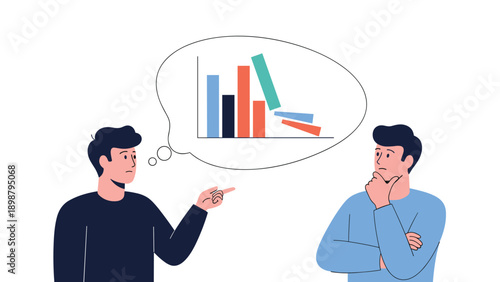 Two men engage in a thoughtful discussion about a declining bar chart in a speech bubble to address financial issues and sales drops.