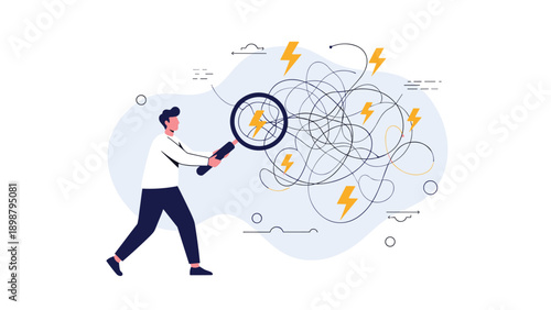 Analytical professional uses a magnifying glass to inspect a tangled mess of lines and lightning bolts to find a logical solution to chaos.