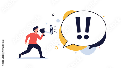 Energetic person shouts into a megaphone at a giant speech bubble with exclamation points to represent effective communication and news.