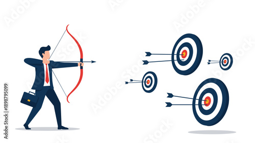 Precise businessman aims his bow and arrow at multiple targets to represent multitasking and achieving several corporate goals at once.