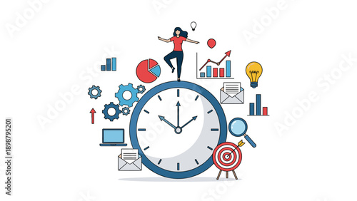 Woman standing balanced on top of a giant clock surrounded by business icons to illustrate time management and professional productivity.