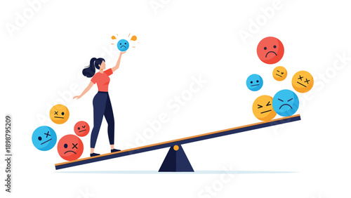 Woman balancing emotional faces on a see-saw to illustrate emotional intelligence, mental health awareness, and mood regulation at work.