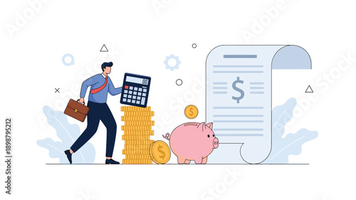 Professional man using a calculator next to stacks of coins and a large invoice to manage business finances, savings, and accounting.