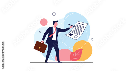 Businessman in a suit signing a giant document with a pen, representing contracts, legal agreements, and closing major business deals.