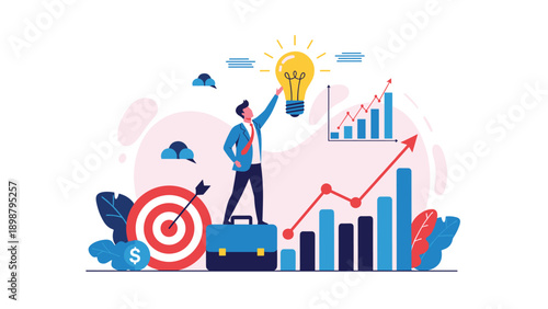 Motivated professional standing on a suitcase reaching for a giant glowing light bulb amidst rising graphs to symbolize visionary success.
