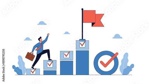 Businessman climbing a bar graph made of check boxes towards a red flag at the top, symbolizing career progress and goal achievement.