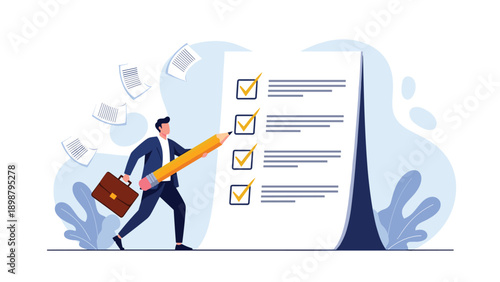 Professional man carrying a briefcase and a giant pencil towards a large checklist, symbolizing task completion and project management.