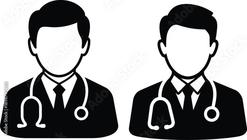 Black and white icon of two male doctors wearing stethoscopes and suits for medical team concept.