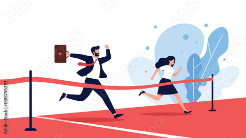 Businessman and businesswoman racing towards a red finish line, representing competition, professional rivalry, and the race for success.