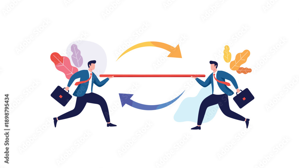 Fototapeta premium Two businessmen running in opposite directions while exchanging long red bar with arrows representing efficient trade or data swap.