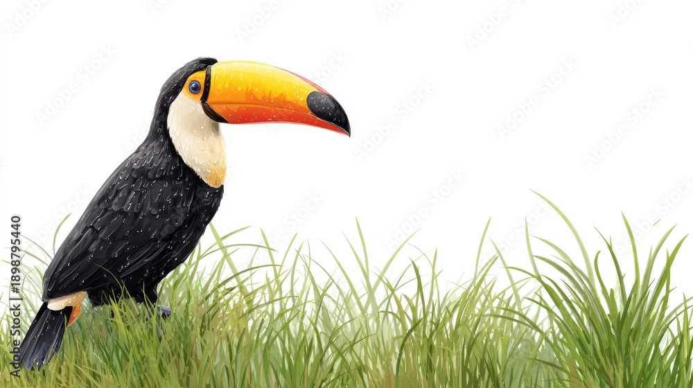 Naklejka premium Toucan on the grass field on transparent background on white background 