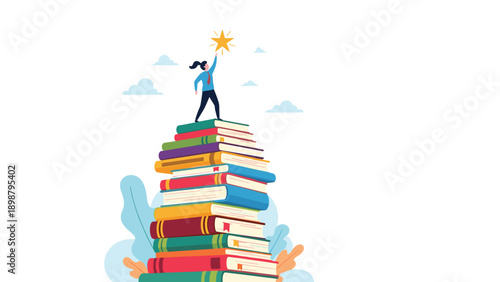 Determined woman standing on top of tall stack of colorful books reaching for a shining gold star symbolizing educational success.