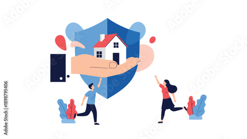 Large hand holding small house under protective shield with happy couple running nearby representing home insurance and safety.