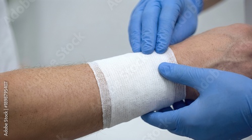 Medical professional in blue gloves applies a sterile bandage to a patient's wrist, showcasing a close-up view of the wound dressing in a clinical setting