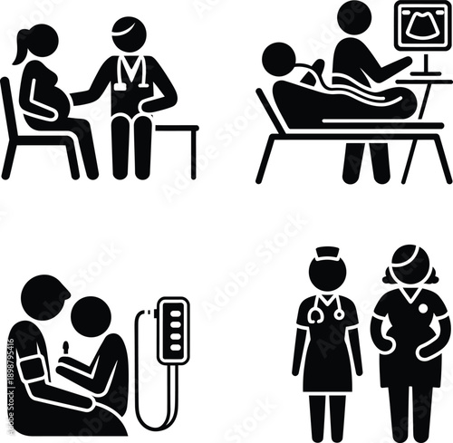Pregnancy and maternity healthcare services icons including prenatal care and ultrasound