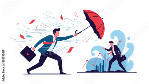 Businessman fighting strong wind while holding red umbrella to protect his financial interests and growing charts during crisis.