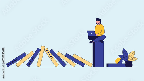 Woman sitting on pillar working on laptop while watching row of dominoes fall representing risk management and crisis prevention.