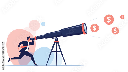 Businessman running and looking through large telescope at floating dollar coins to identify future financial investment opportunities.