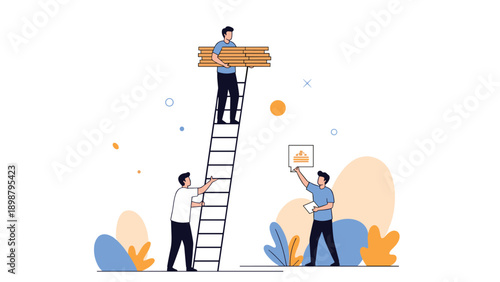 Team of workers collaborating to build house structure using tall ladder and wooden planks representing property development.