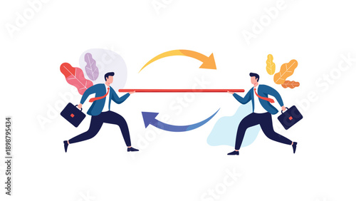 Two businessmen running in opposite directions while exchanging long red bar with arrows representing efficient trade or data swap.