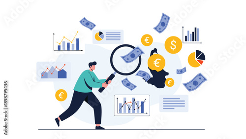 Financial analyst using magnifying glass to track flying money and various business charts to understand global market trends.