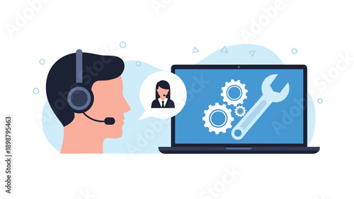 Customer support professional wearing headset communicating with female operator next to laptop showing technical repair icons.