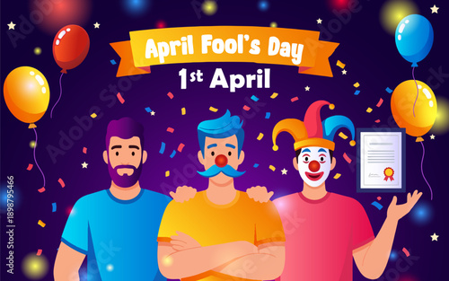 Happy April Fools Day Celebration with Friends and Funny Jester Character