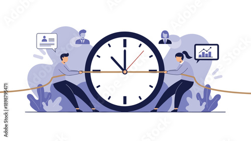 Man and woman engaged in tug of war with rope around large clock face representing daily struggle for time management.