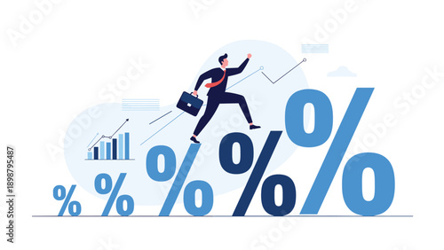 Businessman jumping across giant blue percent signs next to rising financial graph representing success in high interest markets.