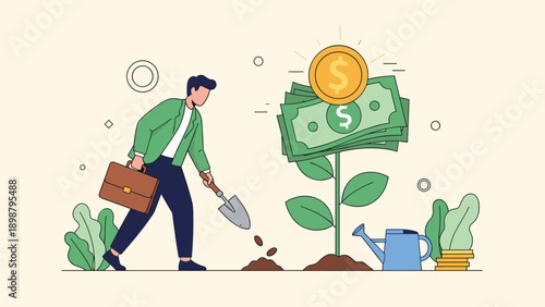 Professional man with briefcase using small shovel to plant dollar seeds near growing money tree for long term financial growth.