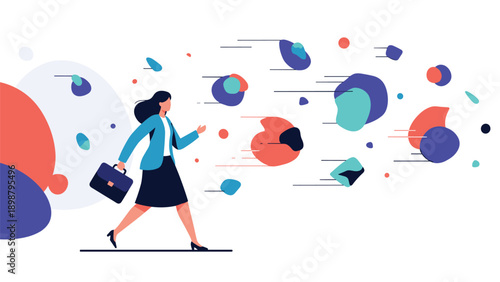 Confident businesswoman walking with briefcase past various floating abstract shapes representing dynamic environment and creativity.
