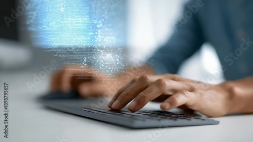 Digital programmer keywording complex algorithms, coding with holographic interface displaying advanced technological network connections