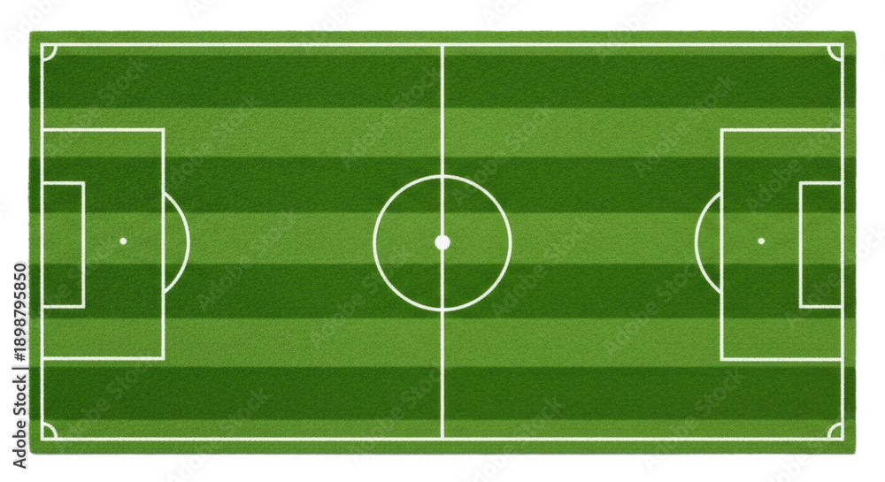 Fototapeta premium Top view of a soccer field with green grass stripes and white markings isolated on transparent background