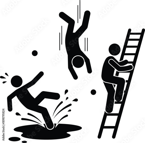 Stick figure icons illustrating common workplace accidents like slipping and falling from heights
