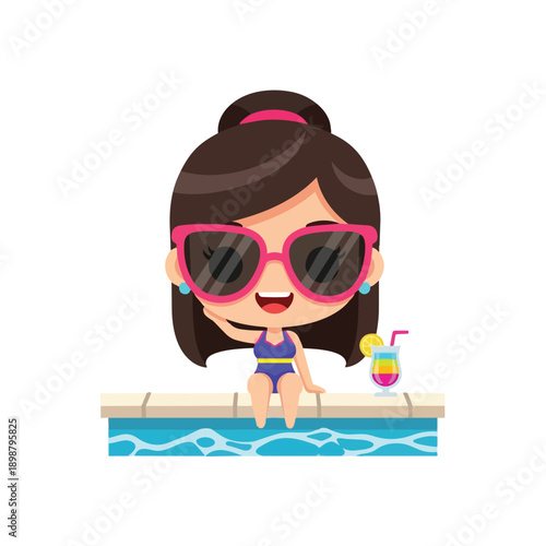 Cute smiling girl wearing pink sunglasses sitting on pool edge with legs in water holding colorful cocktail vector art illustration