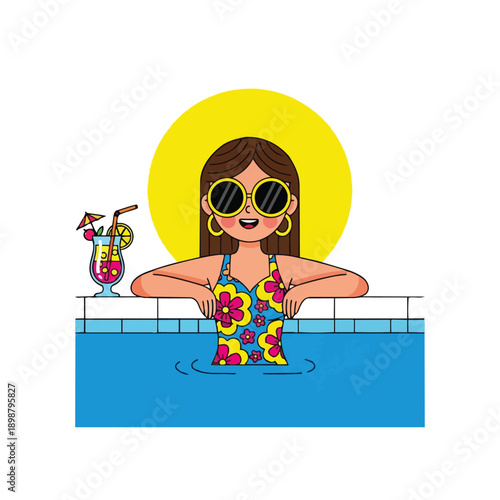 Colorful illustration of smiling woman wearing floral swimsuit and large sunglasses relaxing in blue pool with cocktail and bright yellow sun