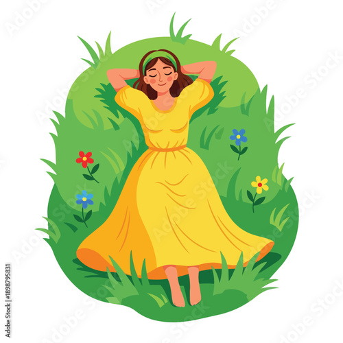 Flat design close up of smiling woman in yellow dress lying relaxed on green grass surrounded by colorful flowers in peaceful nature scene