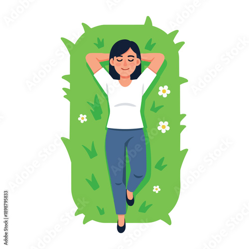 Flat design top view smiling woman lying down relaxed on green grass surrounded by small white flowers and closed eyes peaceful mood