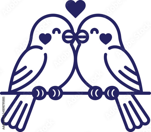 Two cute little birds sitting on a branch and kissing with a heart symbol above them