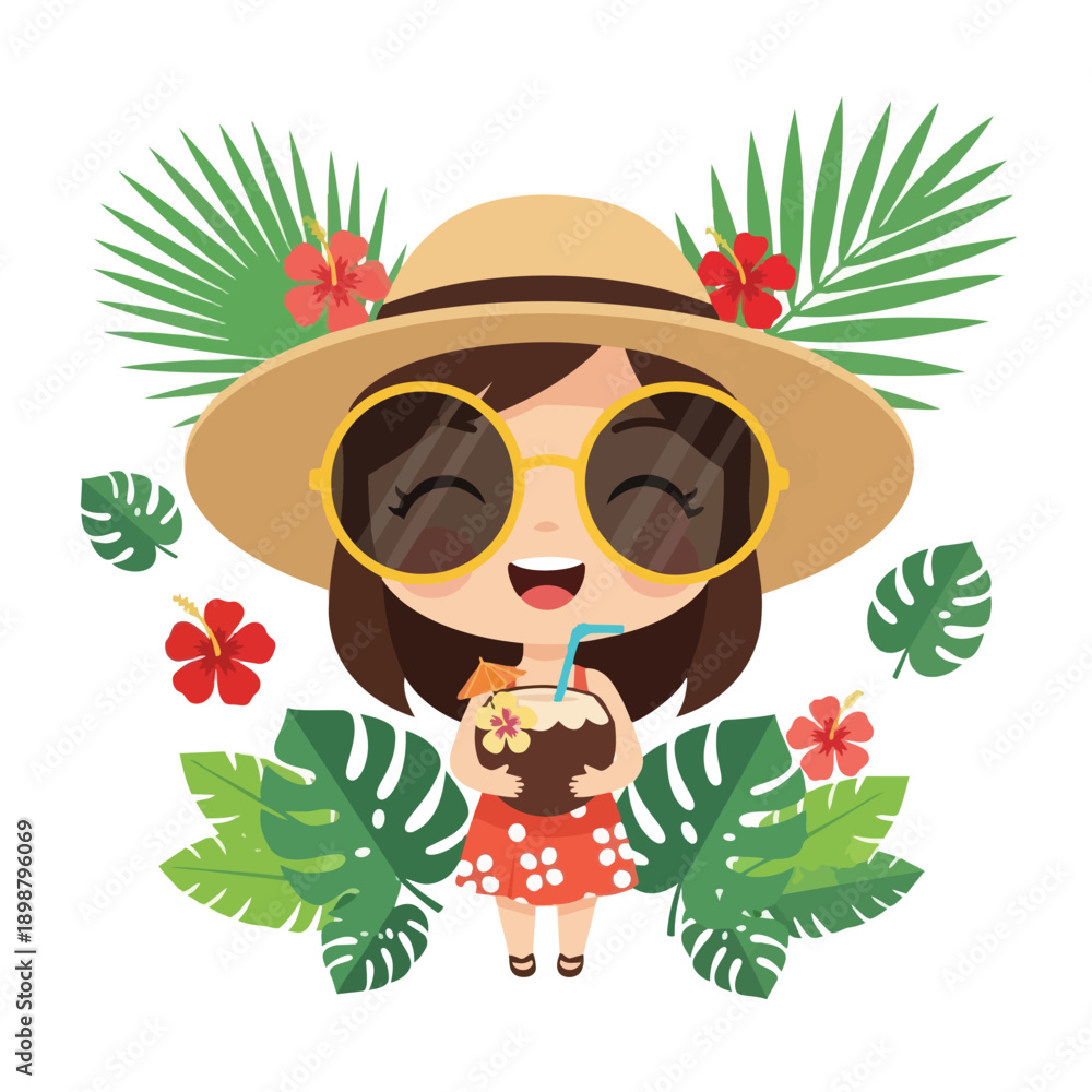 Naklejka premium Cute girl wearing large sunglasses and a straw hat holding tropical coconut drink with straw surrounded by green leaves and red hibiscus flowers
