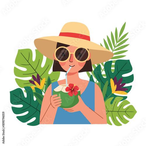 Colorful flat design portrait of woman wearing wide hat and round sunglasses drinking coconut with tropical leaves background
