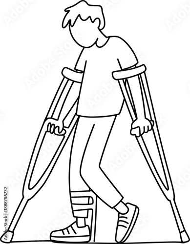 Man walking with crutches, recovering from an injury or surgery, using forearm crutches for support and mobility, with a bandaged leg and a determined stride.