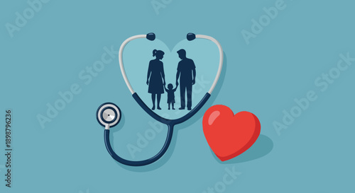 Flat design stethoscope forming heart shape with family silhouette and red heart symbol on blue background for healthcare and love concept