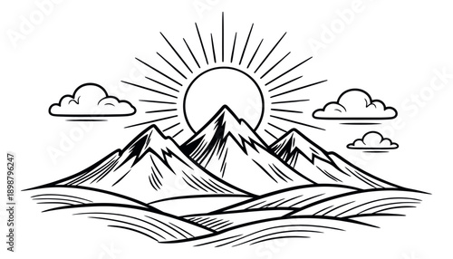 Hand drawn line art illustration of a mountain landscape depicting a sunrise for outdoor adventure themes