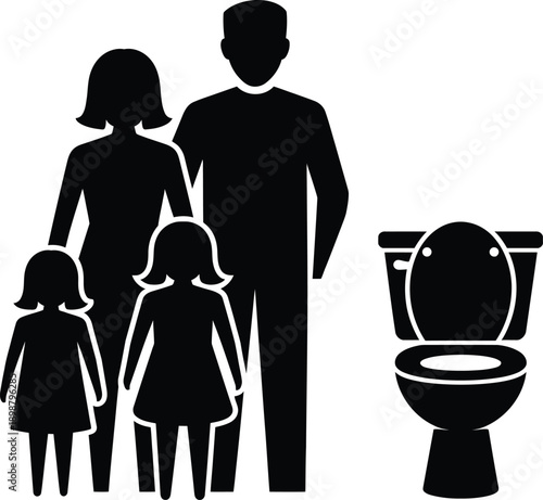 Family of four standing together beside a toilet symbolizing hygiene and bathroom routines within a family context daily life.
