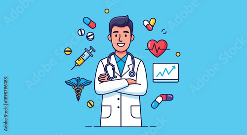 Smiling male doctor with crossed arms surrounded by colorful medical icons including pills syringe heart chart vector art